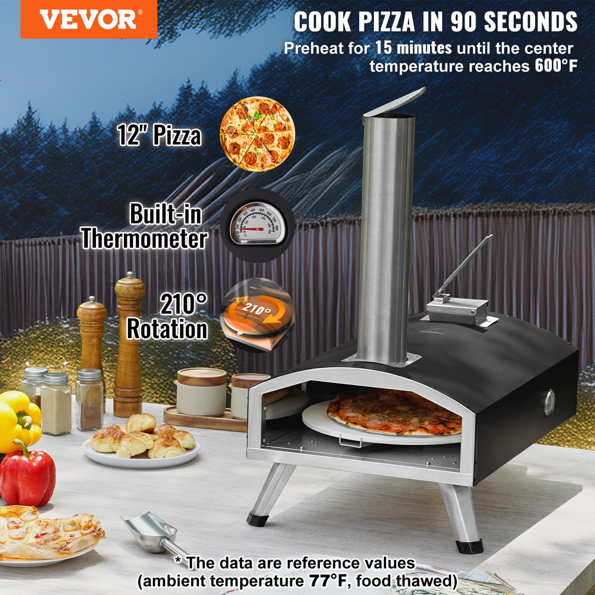 VEVOR Outdoor Pizza Oven, 12" Wood Fired Pizza Ovens, Pellet Pizza Stove with Built-in Thermometer, with Thickened Cordierite, Rotating Pizza Stone, Carry Bag, Shovel, Portable Pizza Maker for Outside Backyard Patio Camping Black