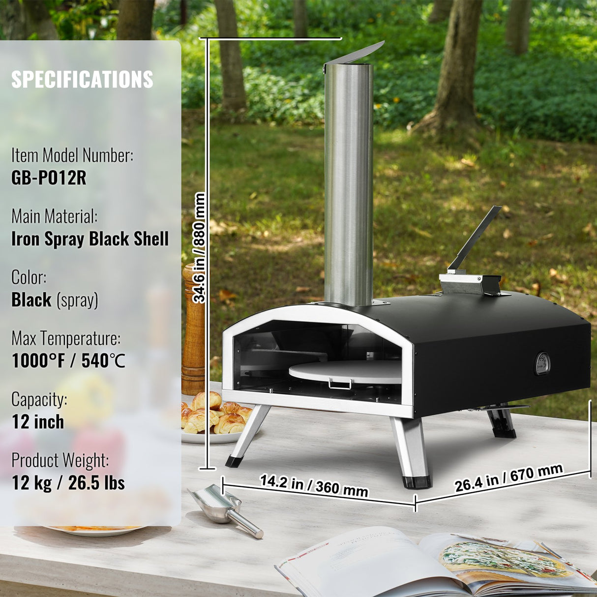 VEVOR Outdoor Pizza Oven, 12" Wood Fired Pizza Ovens, Pellet Pizza Stove with Built-in Thermometer, with Thickened Cordierite, Rotating Pizza Stone,