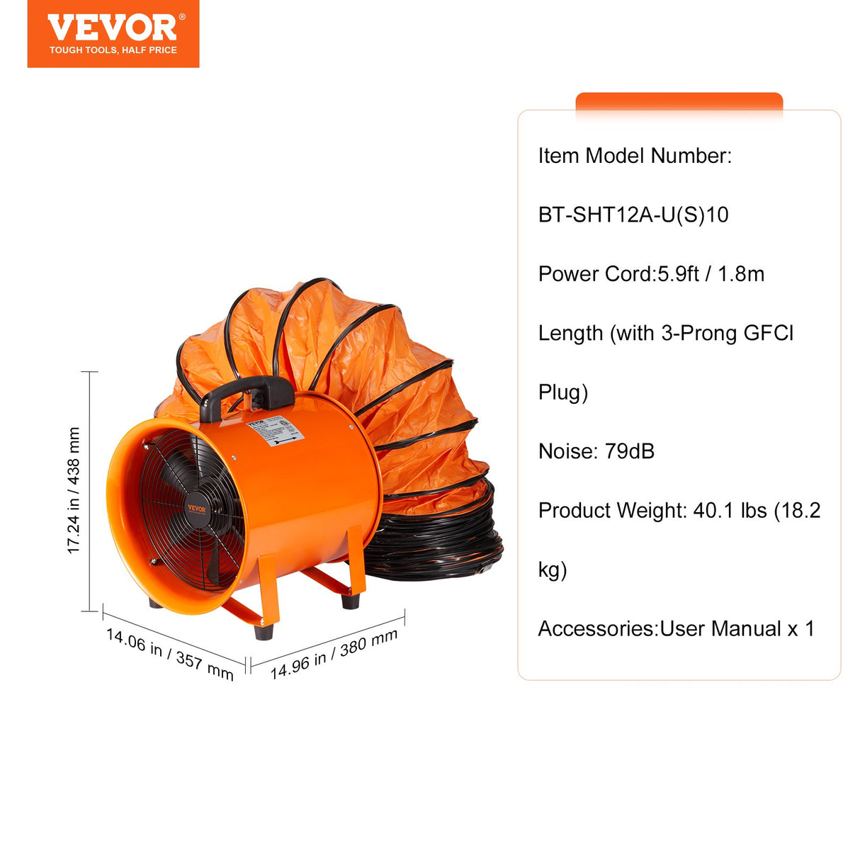 VEVOR Portable Ventilator, 304.8mm/12inch Heavy Duty Cylinder Fan with 10m Duct Hose, 367W Strong Shop Exhaust Blower 2574CFM, Industrial Utility