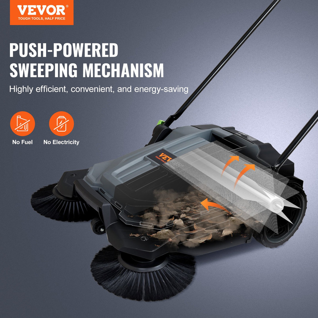 VEVOR Walk-behind Hand Push Floor Sweeper 25.6" Width 5 Gallon Waste Container
