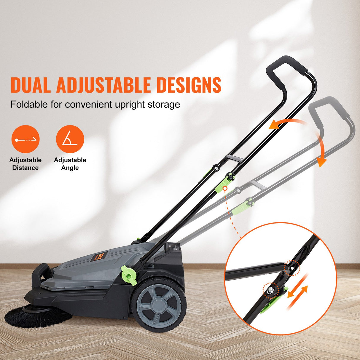 VEVOR Walk-behind Hand Push Floor Sweeper 25.6" Width 5 Gallon Waste Container