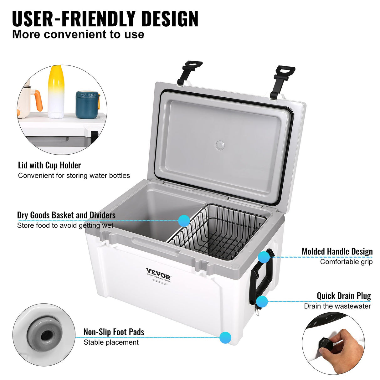 VEVOR Insulated Portable Cooler, 49 L, Holds 50 Cans, Ice Retention Hard Cooler with Heavy Duty Handle, Ice Chest Lunch Box for Camping, Beach, Picnic, Travel, Outdoor, Keeps Ice for up to 6 Days