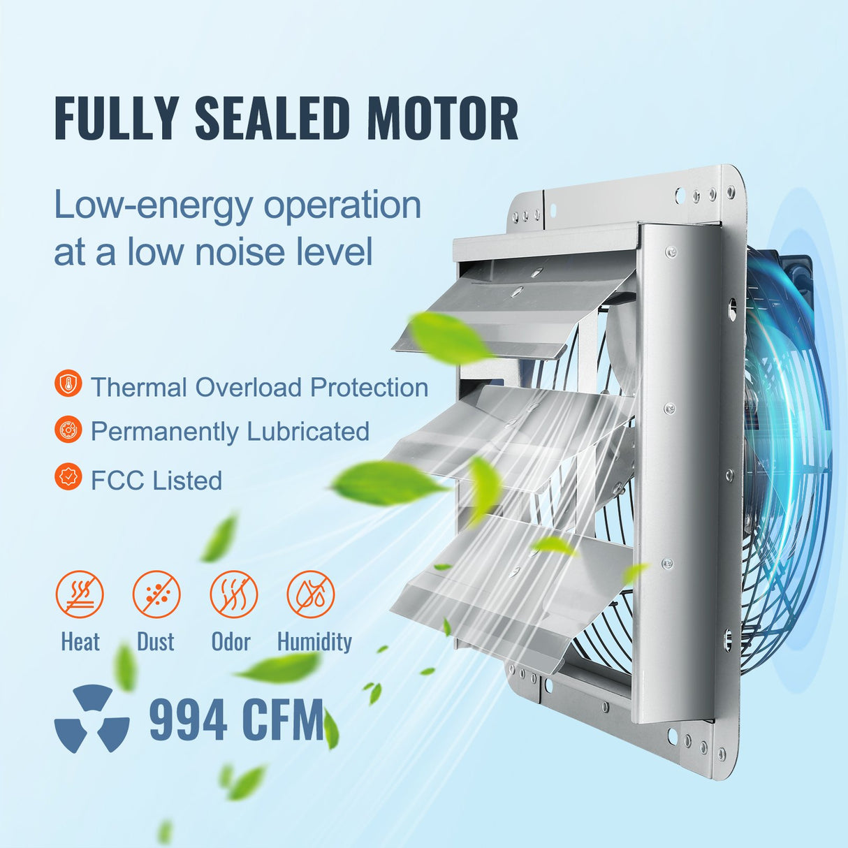Shutter Exhaust Fan, 356 mm High-speed 1400RPM 994 CFM, Aluminum Wall Mount Attic Fan with AC-motor, Ventilation and Cooling for Greenhouses, Garages, Sheds, Shops