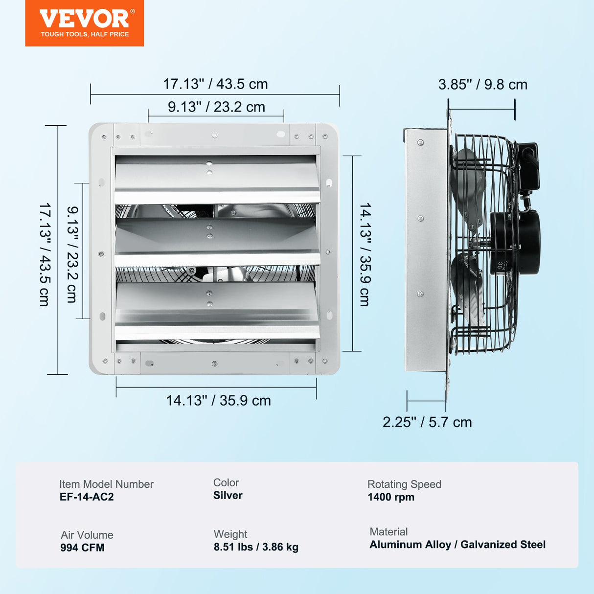 Shutter Exhaust Fan, 356 mm High-speed 1400RPM 994 CFM, Aluminum Wall Mount Attic Fan with AC-motor, Ventilation and Cooling for Greenhouses, Garages, Sheds, Shops