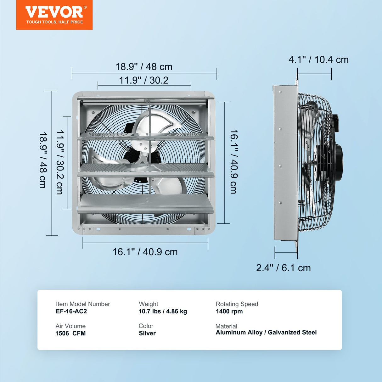 Shutter Exhaust Fan, 406 mm High-speed 1400RPM 1506 CFM, Aluminum Wall Mount Attic Fan with AC-motor, Ventilation and Cooling for Greenhouses, Garages, Sheds, Shops