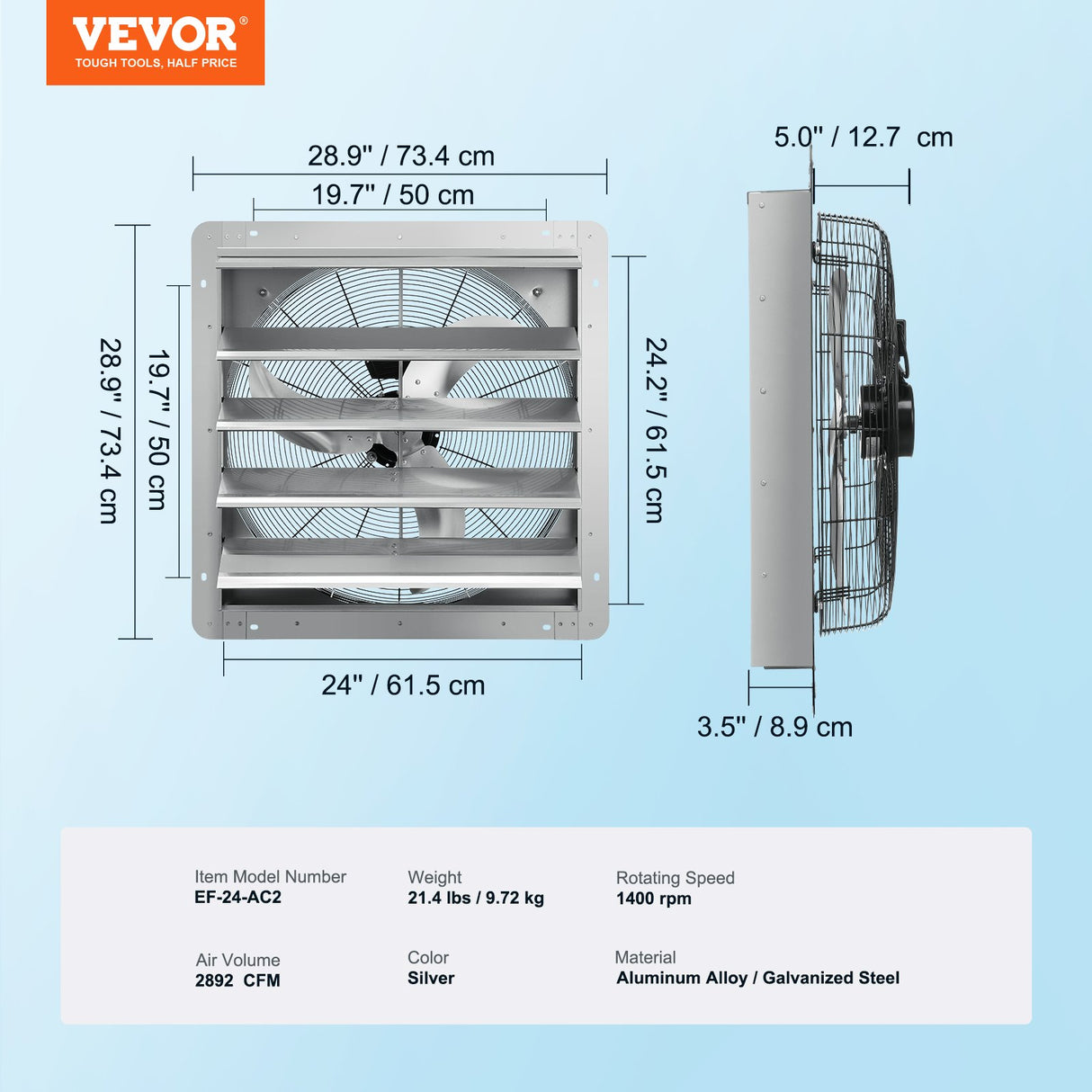 Shutter Exhaust Fan, 610 mm High-speed 1400RPM 2892 CFM, Aluminum Wall Mount Attic Fan with AC-motor, Ventilation and Cooling for Greenhouses, Garages, Sheds, Shops