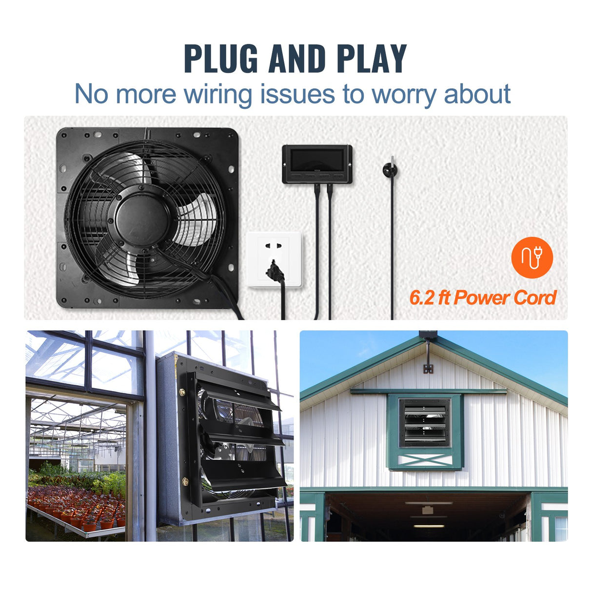 VEVOR Shutter Exhaust Fan, 254mm / 10inch with Temperature Humidity Controller, EC-motor, 843 CFM, Variable Speed Adjustable Wall Mount Attic Fan, Ventilation and Cooling for Greenhouses, Garages, Sheds