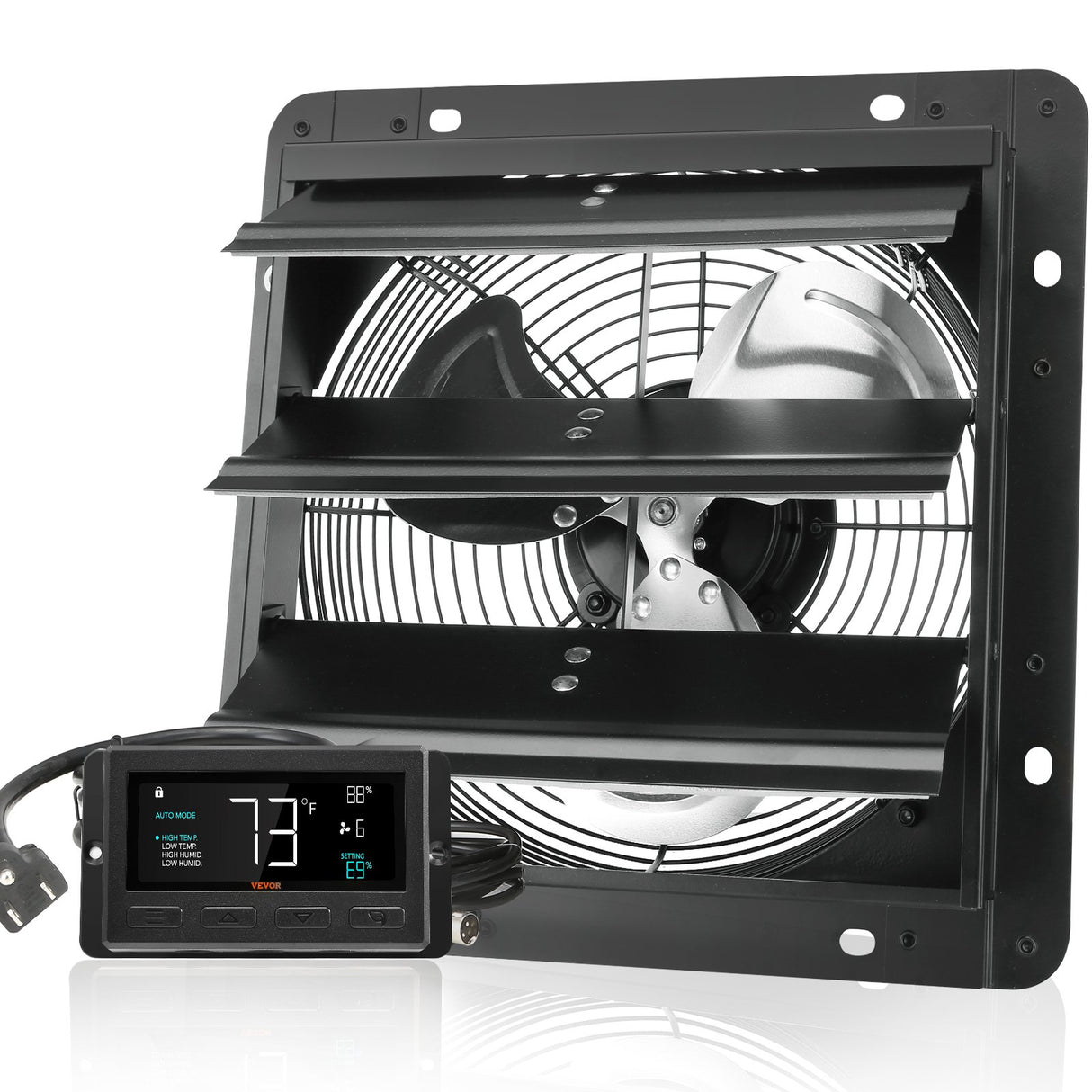 VEVOR Shutter Exhaust Fan, 254mm / 10inch with Temperature Humidity Controller, EC-motor, 843 CFM, Variable Speed Adjustable Wall Mount Attic Fan, Ventilation and Cooling for Greenhouses, Garages, Sheds