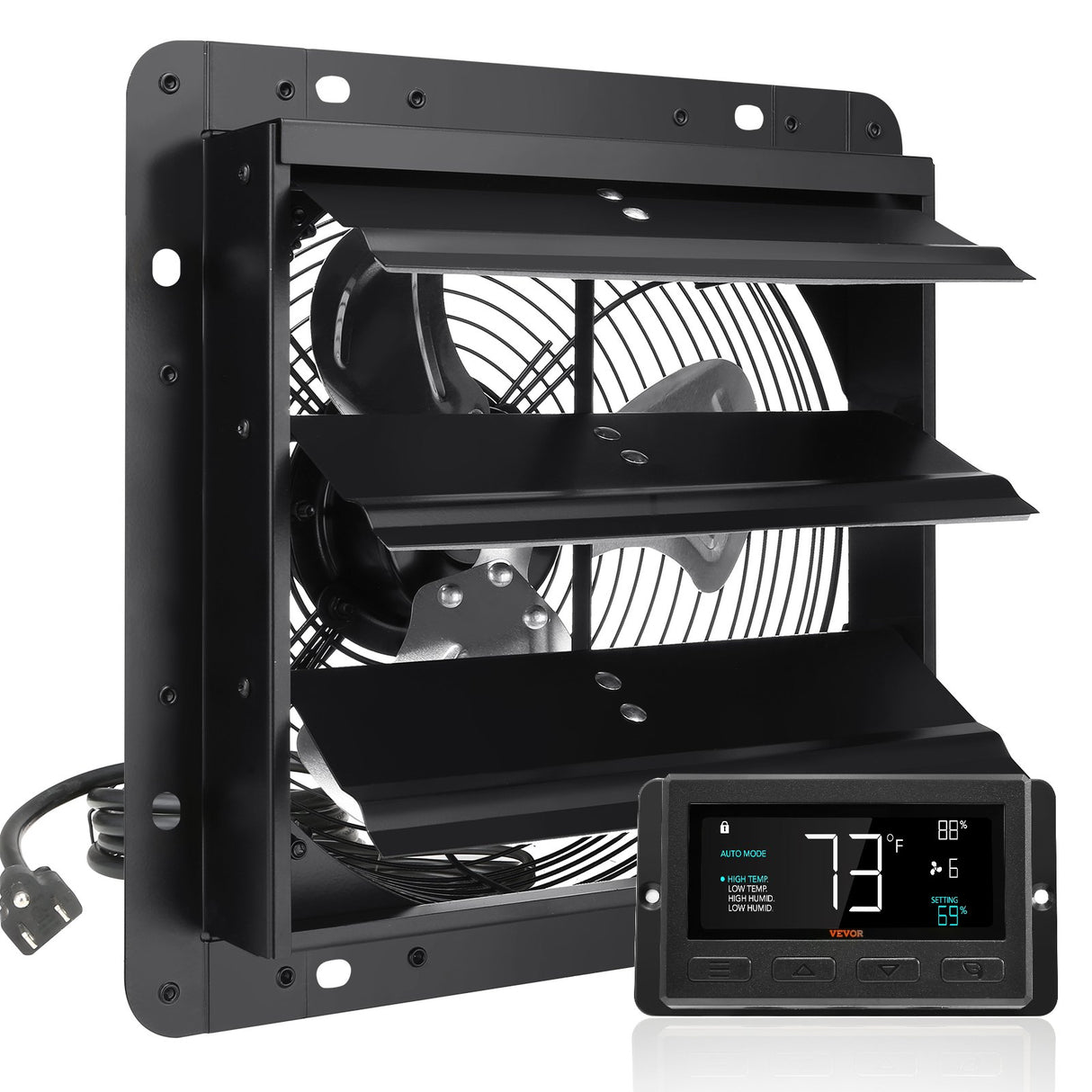 VEVOR Shutter Exhaust Fan, 254mm / 10inch with Temperature Humidity Controller, EC-motor, 843 CFM, Variable Speed Adjustable Wall Mount Attic Fan, Ventilation and Cooling for Greenhouses, Garages, Sheds