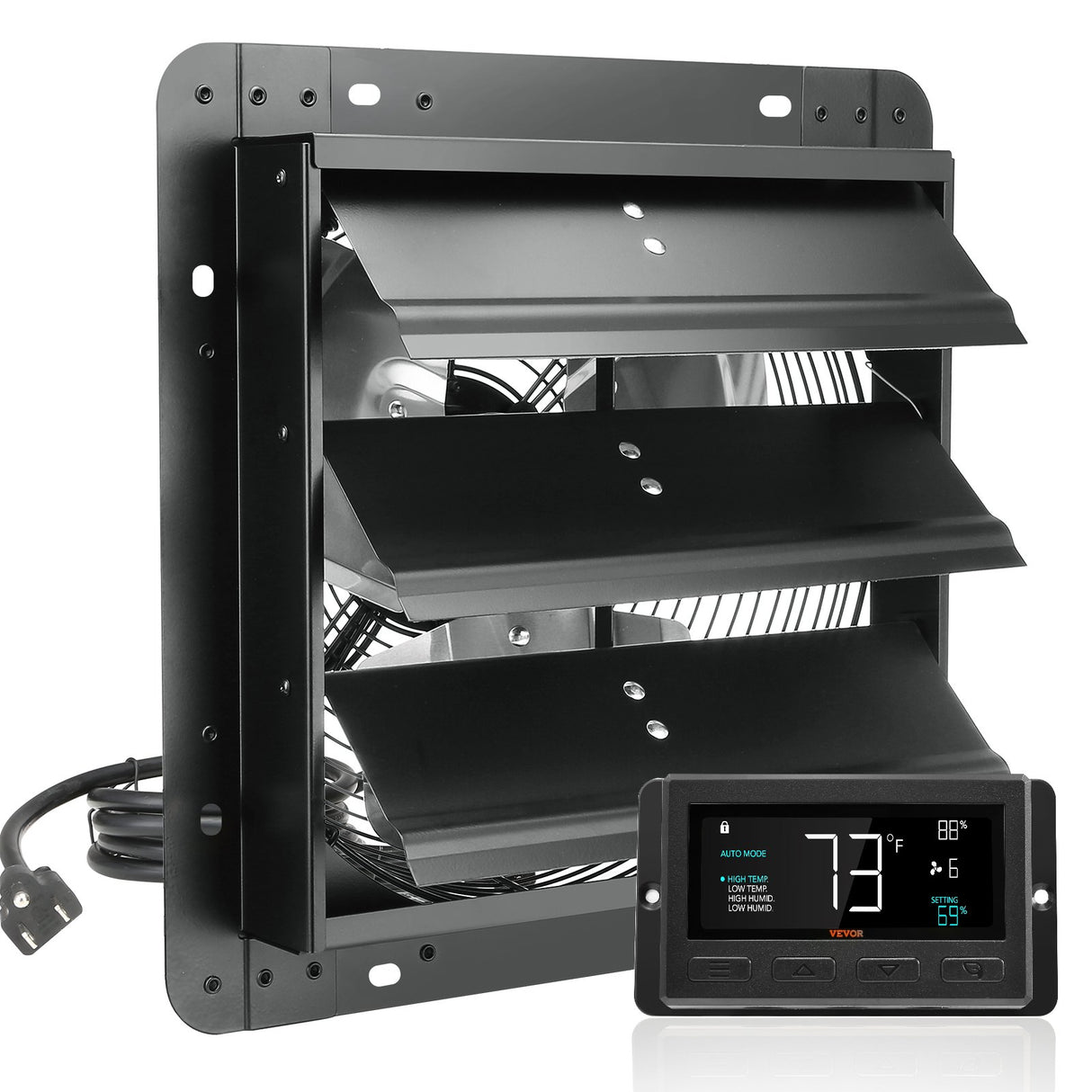 VEVOR Shutter Exhaust Fan, 305 mm /12 inch with Temperature Humidity Controller, EC-motor, 904 CFM, Variable Speed Adjustable Wall Mount Attic Fan, Ventilation and Cooling for Greenhouses, Garages, Sheds