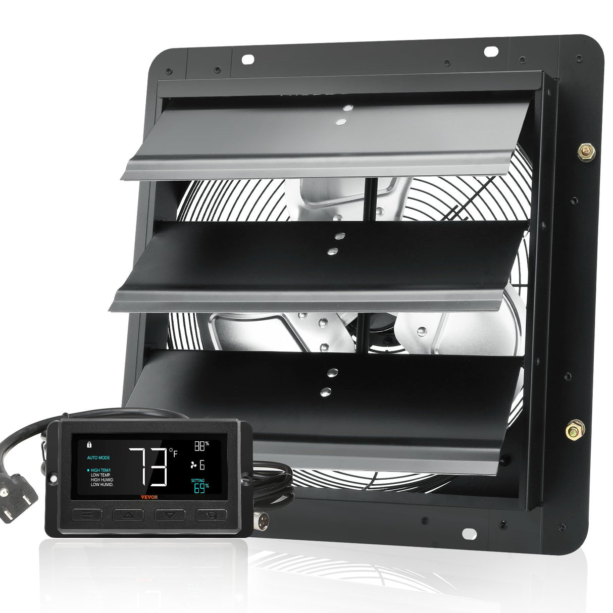 VEVOR Shutter Exhaust Fan, 356 mm / 14inch with Temperature Humidity Controller, EC-motor, 1024 CFM, Variable Speed Adjustable Wall Mount Attic Fan,