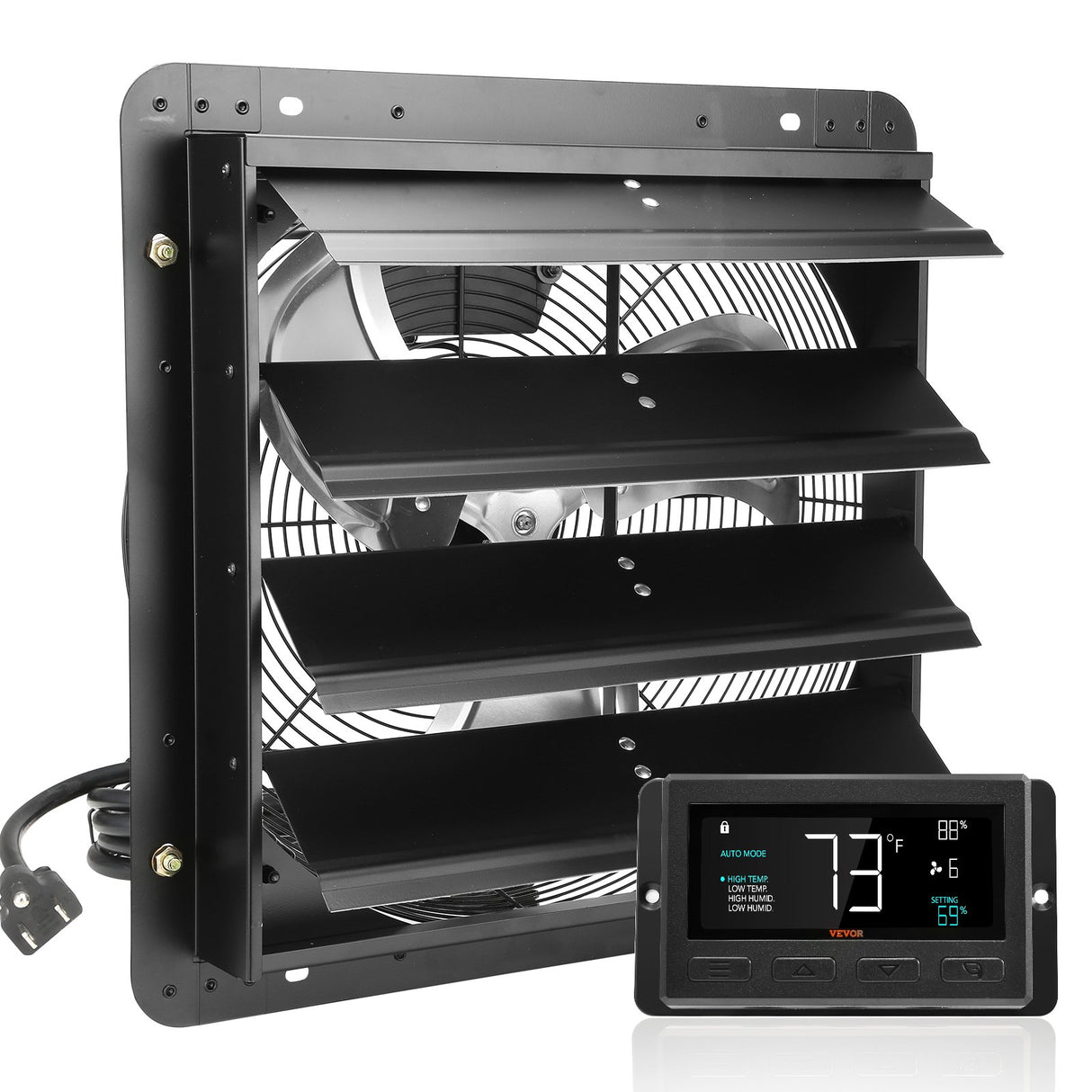 VEVOR Shutter Exhaust Fan, 406 mm /16inch with Temperature Humidity Controller, EC-motor, 1747 CFM, Variable Speed Adjustable Wall Mount Attic Fan, Ventilation and Cooling for Greenhouses, Garages, Sheds