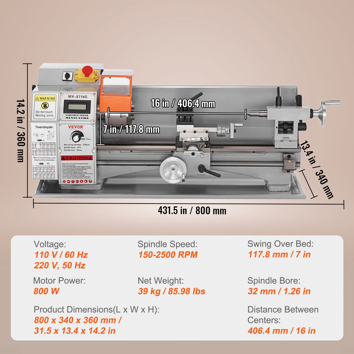 VEVOR Mini Metal Lathe Machine, 180 x 400 mm, 800W Precision Benchtop Power Metal Lathe, 150-2500 RPM Continuously Variable Speed, with 3-jaw Metal