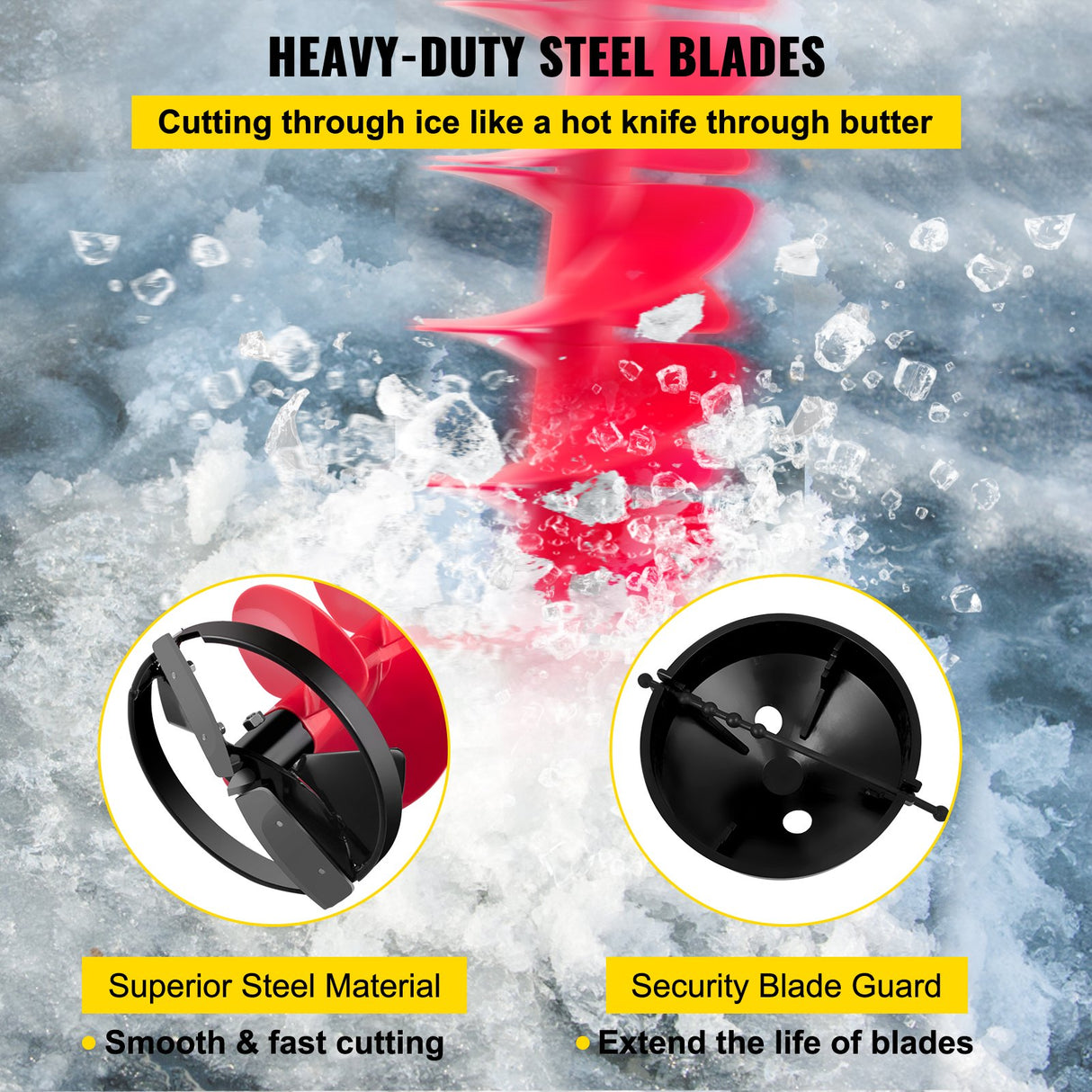 VEVOR Ice Drill Auger, 8\" Diameter Nylon Ice Auger, 39\" Length Ice Auger Bit,Auger Drill with 11.8\" Extension Rod,Auger Bit with Drill Adapter,Top Plate & Blade Guard for Ice Fishing Ice Burrowing