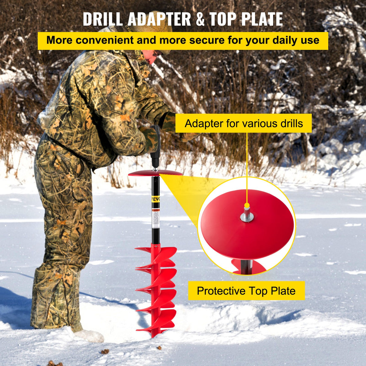VEVOR Ice Drill Auger, 8" Diameter Nylon Ice Auger, 39" Length Ice Auger Bit,Auger Drill with 11.8" Extension Rod,Auger Bit with Drill Adapter,Top