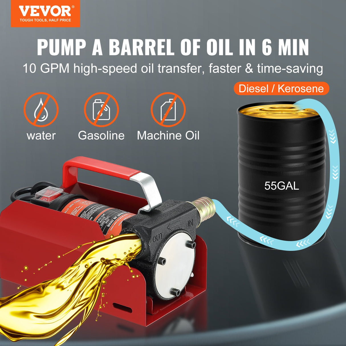 VEVOR Fuel Transfer Pump, 12V DC, 10 GPM, 8 m Lift, Portable Electric Diesel Transfer Extractor Pump