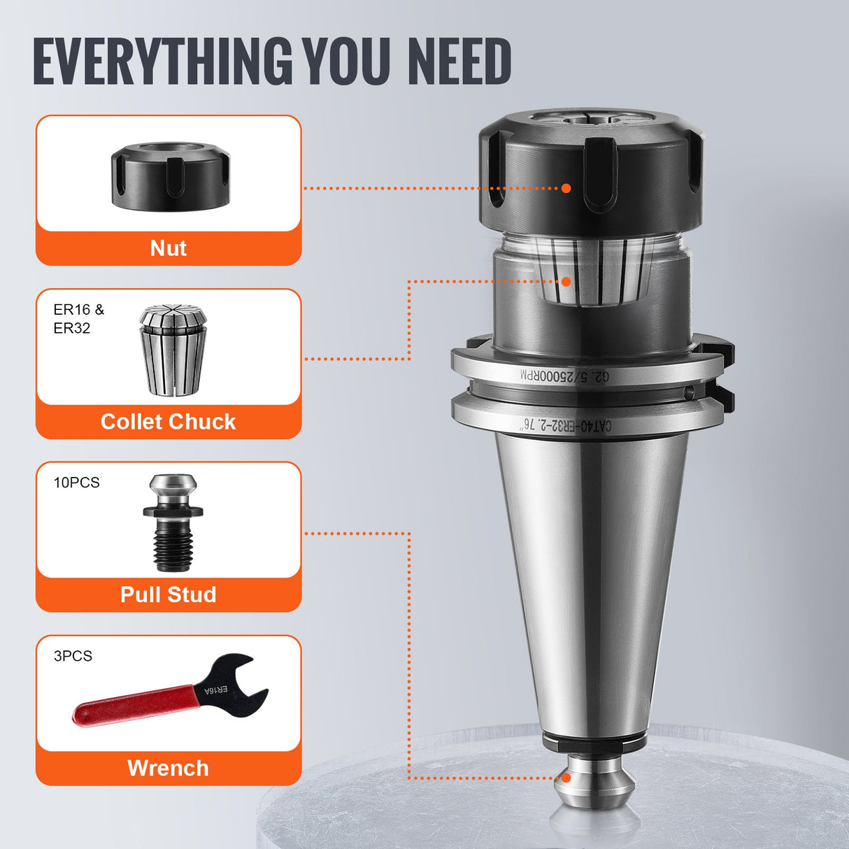 VEVOR CAT40 Collet Holder ER 16/32 Collet Set, 35 PCs, SLN FMB ER16/32 APU Tool Holders Spring Steel Collet Chucks with 10 Pull Studs and 3 Wrenches,