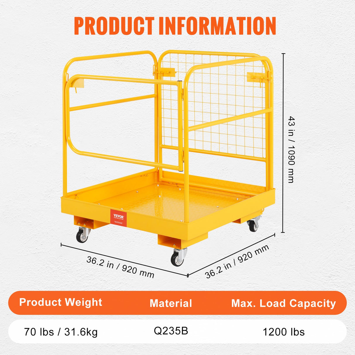 VEVOR Forklift Safety Cage, 544 kg Load Capacity, 92 x 92 cm Folding Forklift Work Platform with Lockable Swivel Wheels, Drain Hole, and Device Chain, Holds 1 to 2 Adults, Perfect for Aerial Work