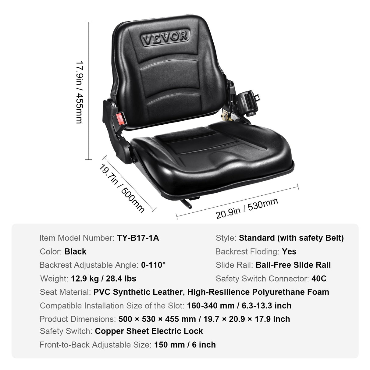 VEVOR Universal Forklift Seat, Fold Down Tractor Seat with Adjustable Angle Back, Micro Switch and Retractable Seatbelt, 16-34 cm Slot Forklift Seat for Tractor Loader Excavator