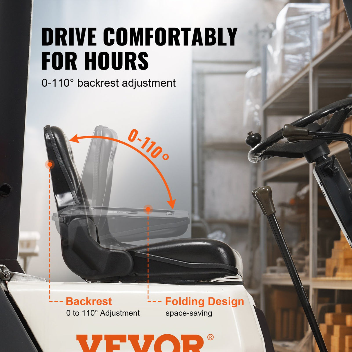 VEVOR Universal Forklift Seat, Fold Down Tractor Seat with Adjustable Angle Back and Micro Switch, 16-34 cm Extended Slot Comfortable Forklift Seat