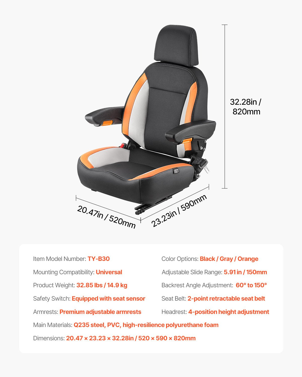 VEVOR Forklift Seat Mower Tractor Seat Adjustable Back Seatbelt & Headrest