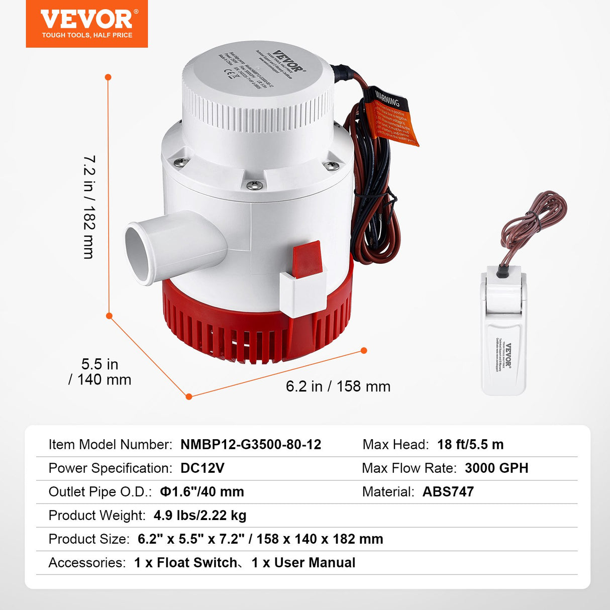 VEVOR Bilge Pump, 3000GPH Automatic Submersible Boat Bilge Water Pump with Float Switch, 40 mm Outlet Diameter, Small Boat Bilge Pump, Marine Electric