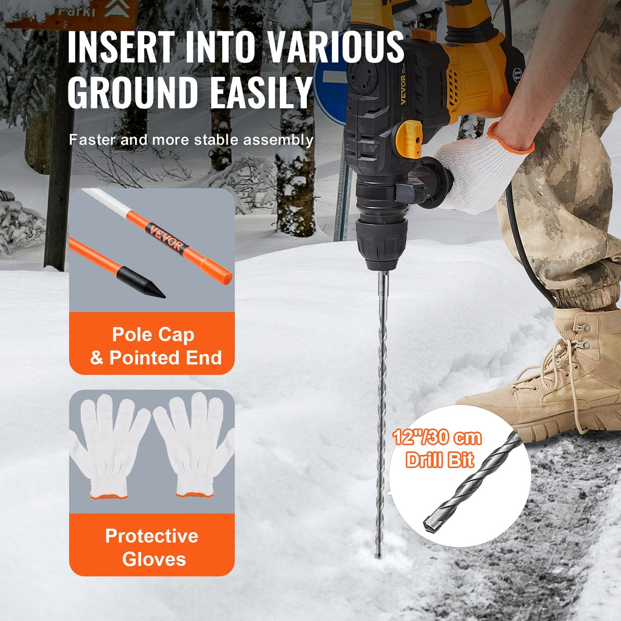 VEVOR Driveway Markers, 30 PCS 121.5cm, 0.78cm Diameter, Orange Fiberglass Poles Snow Stakes with Reflective Tape, 30cm Steel Drill Bit & Protection