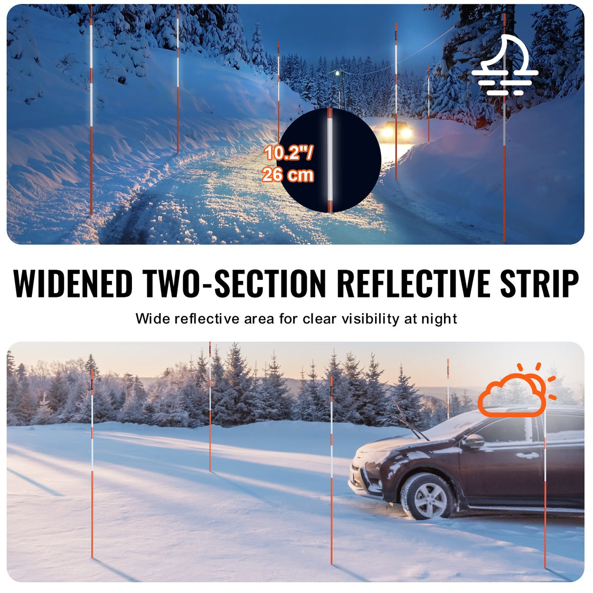 VEVOR Driveway Markers, 30 PCS 121.5cm, 0.78cm Diameter, Orange Fiberglass Poles Snow Stakes with Reflective Tape, 30cm Steel Drill Bit & Protection