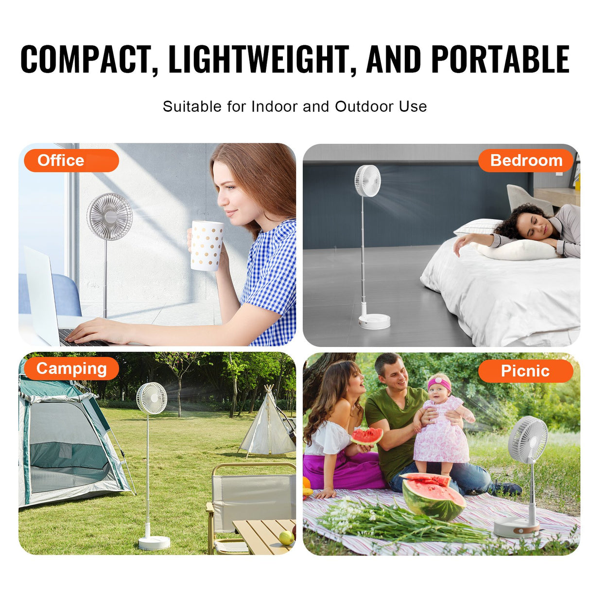 VEVOR 8 Inch Foldable Oscillating Standing Fan with Remote Control, 4 Speed Adjustable Portable Desk Quiet Fan, 7200mah Rechargeable USB Small Fan,