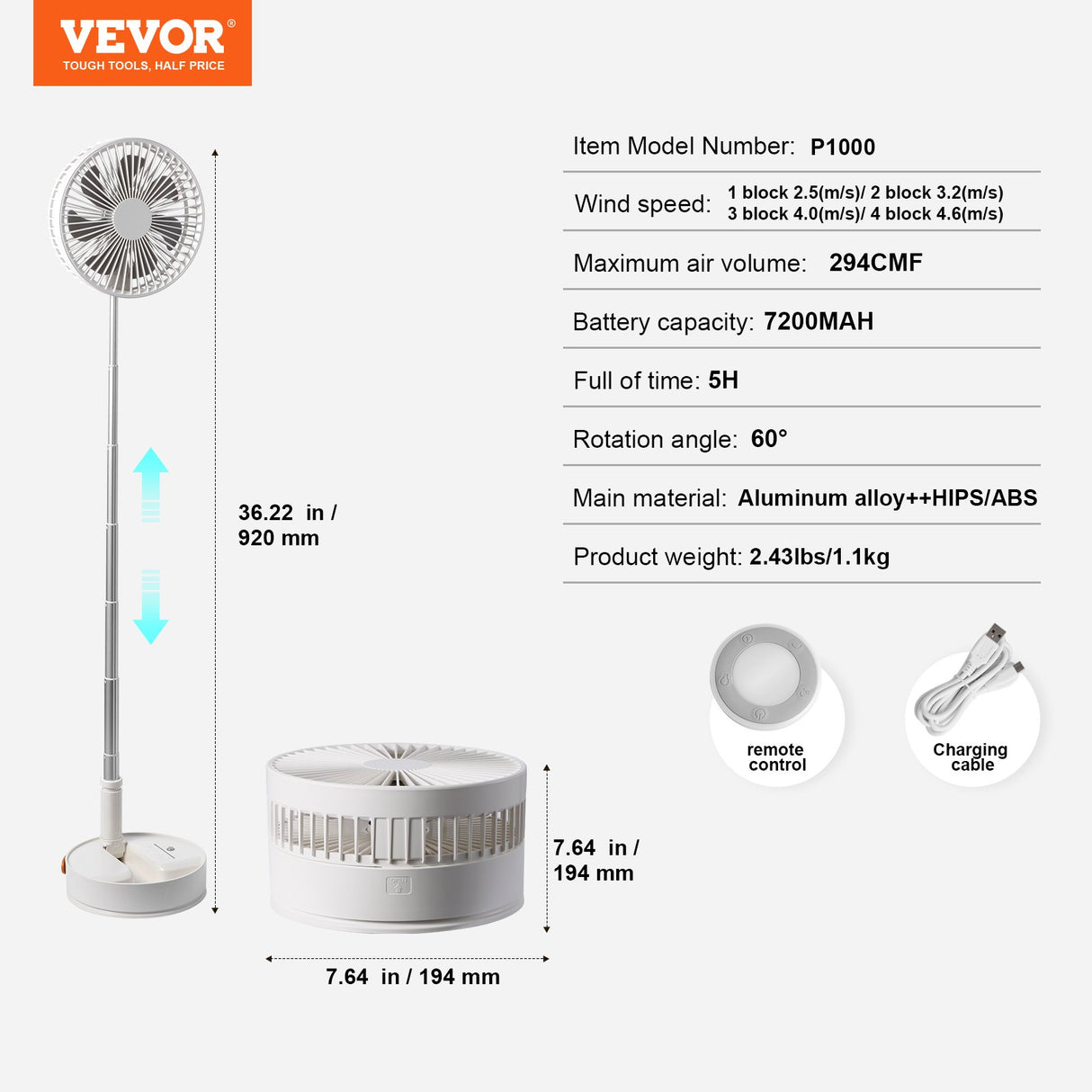 VEVOR 8 Inch Foldable Oscillating Standing Fan with Remote Control, 4 Speed Adjustable Portable Desk Quiet Fan, 7200mah Rechargeable USB Small Fan,
