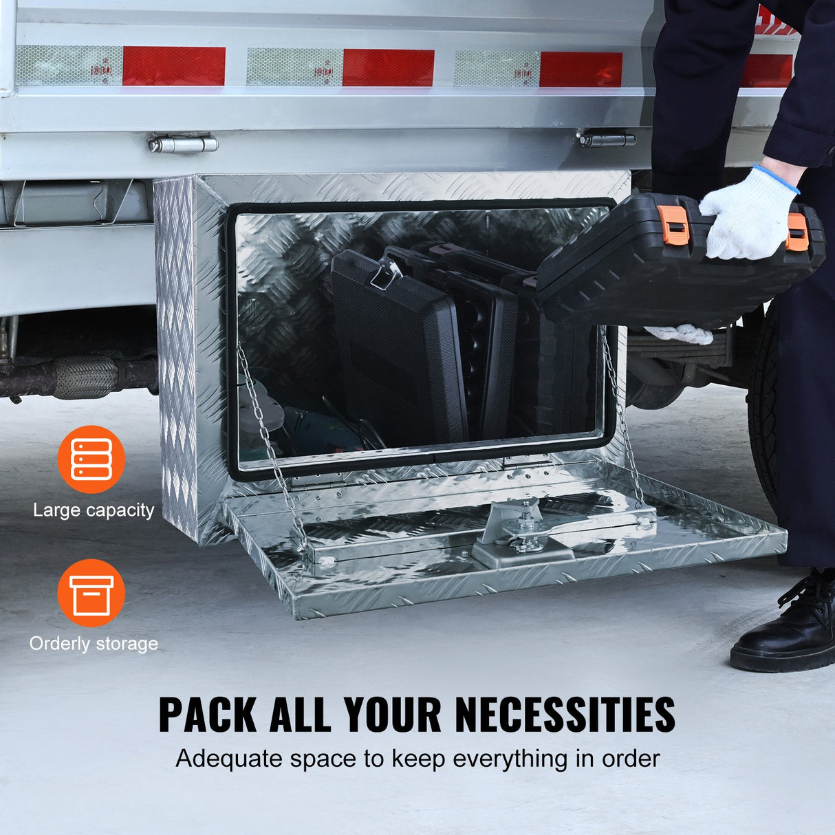 VEVOR Underbody Truck Box, 24"?14"?16" Pickup Storage Box, Heavy Duty Aluminum Diamond Plate Tool Box with Lock and Keys, Waterproof Trailer Storage