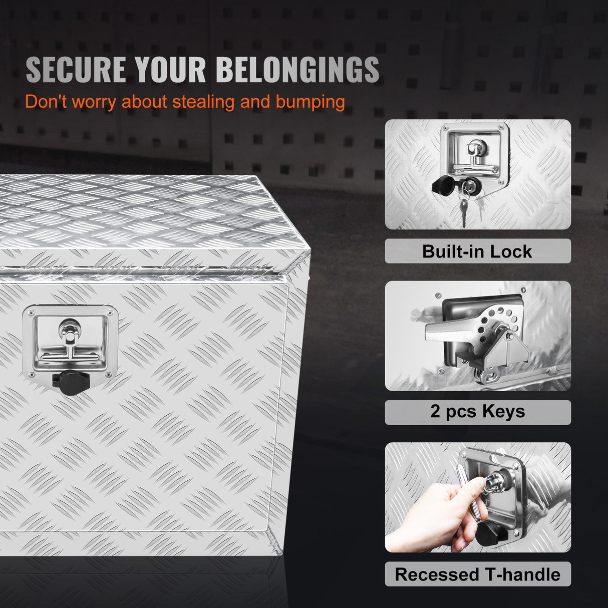 VEVOR Underbody Truck Box, 24"?14"?16" Pickup Storage Box, Heavy Duty Aluminum Diamond Plate Tool Box with Lock and Keys, Waterproof Trailer Storage
