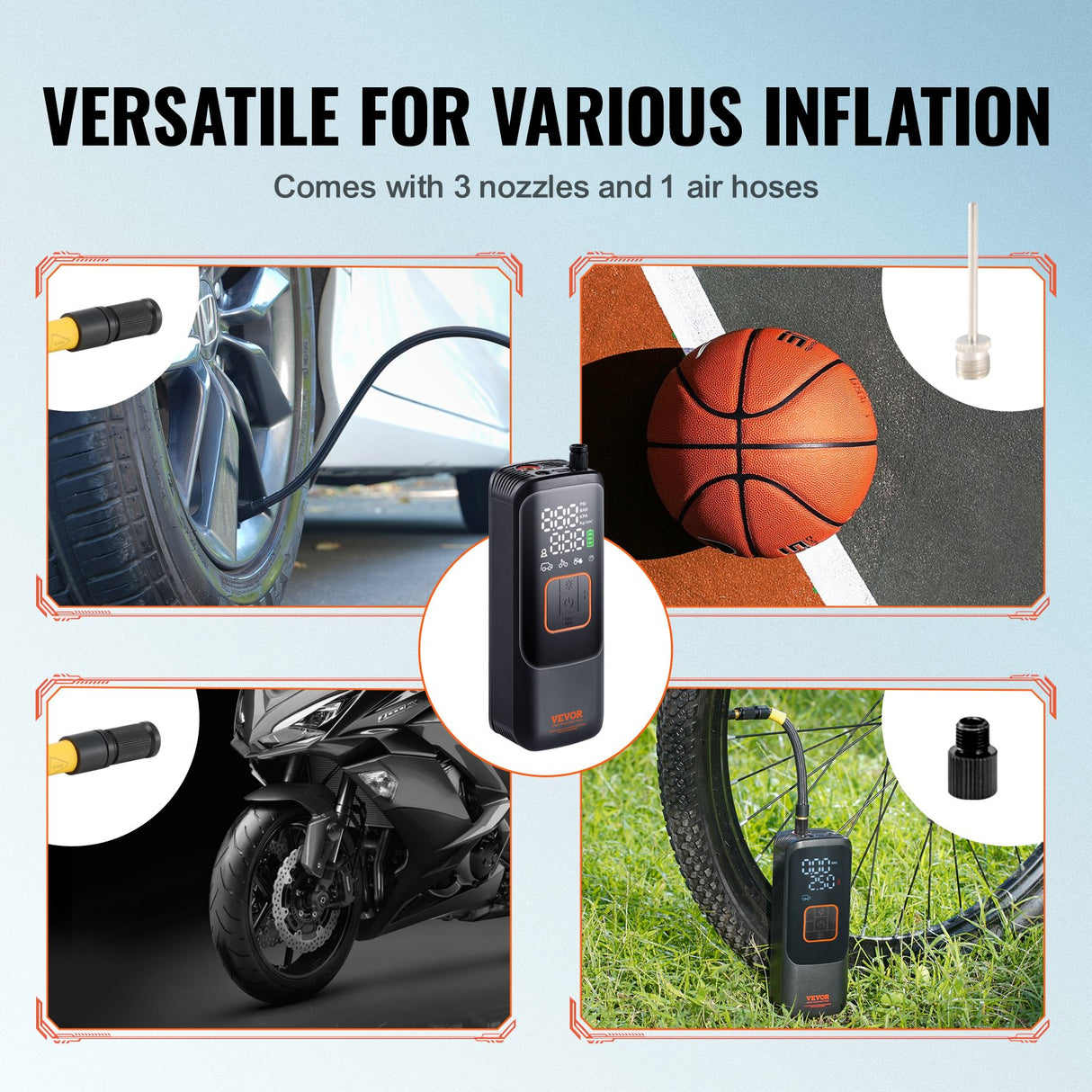 VEVOR Tire Inflator Portable Air Compressor, 150 PSI Electric Air Pump, 4000mAh Rechargeable Tire Pump with Auto-Off Function, LCD Pressure Gauge, 3