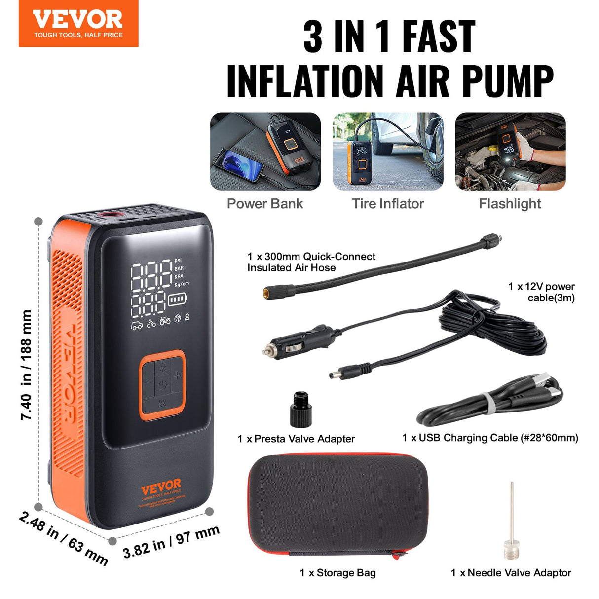 VEVOR Tire Inflator Portable Air Compressor, Dual-Cylinder & 12000mAh Rechargeable Air Pump, 30s Fast Inflation Tire Pump with Auto-Off, LCD Pressure