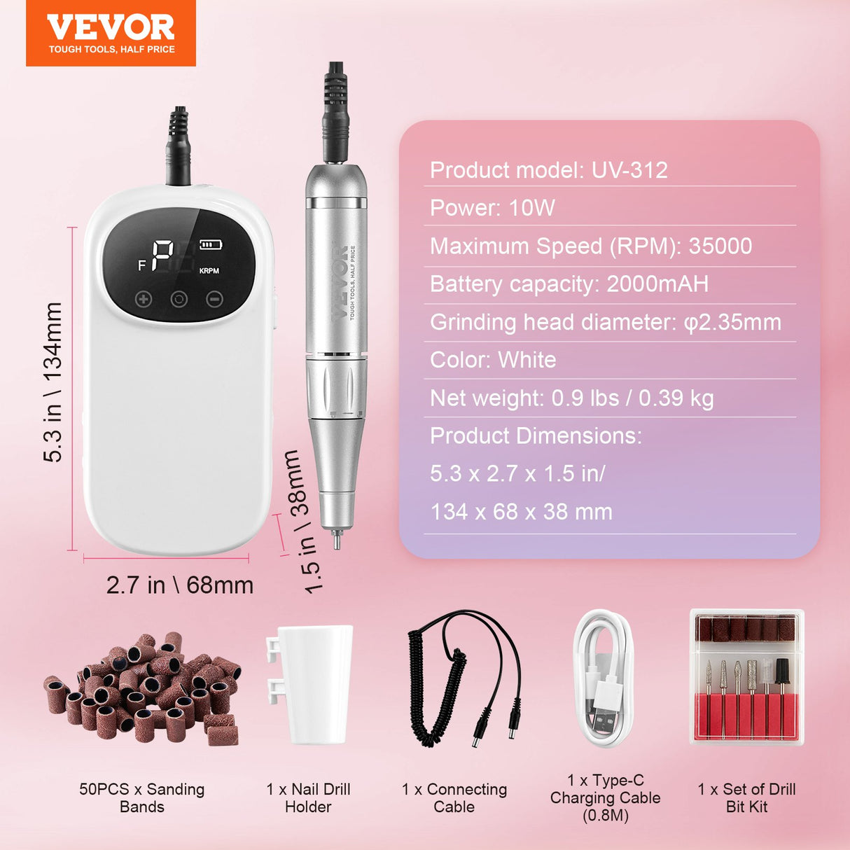 VEVOR Electric Rechargeable Nail Drill, 35,000RPM Portable Cordless Nail E File Machine, LCD-Display Acrylic Gel Grinder Tool with 6 Bits and 50PCS