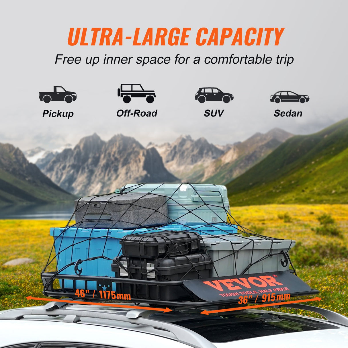 Roof Rack Cargo Basket 200 LBS Capacity 46"x36"x4.5" for SUV Truck Cars