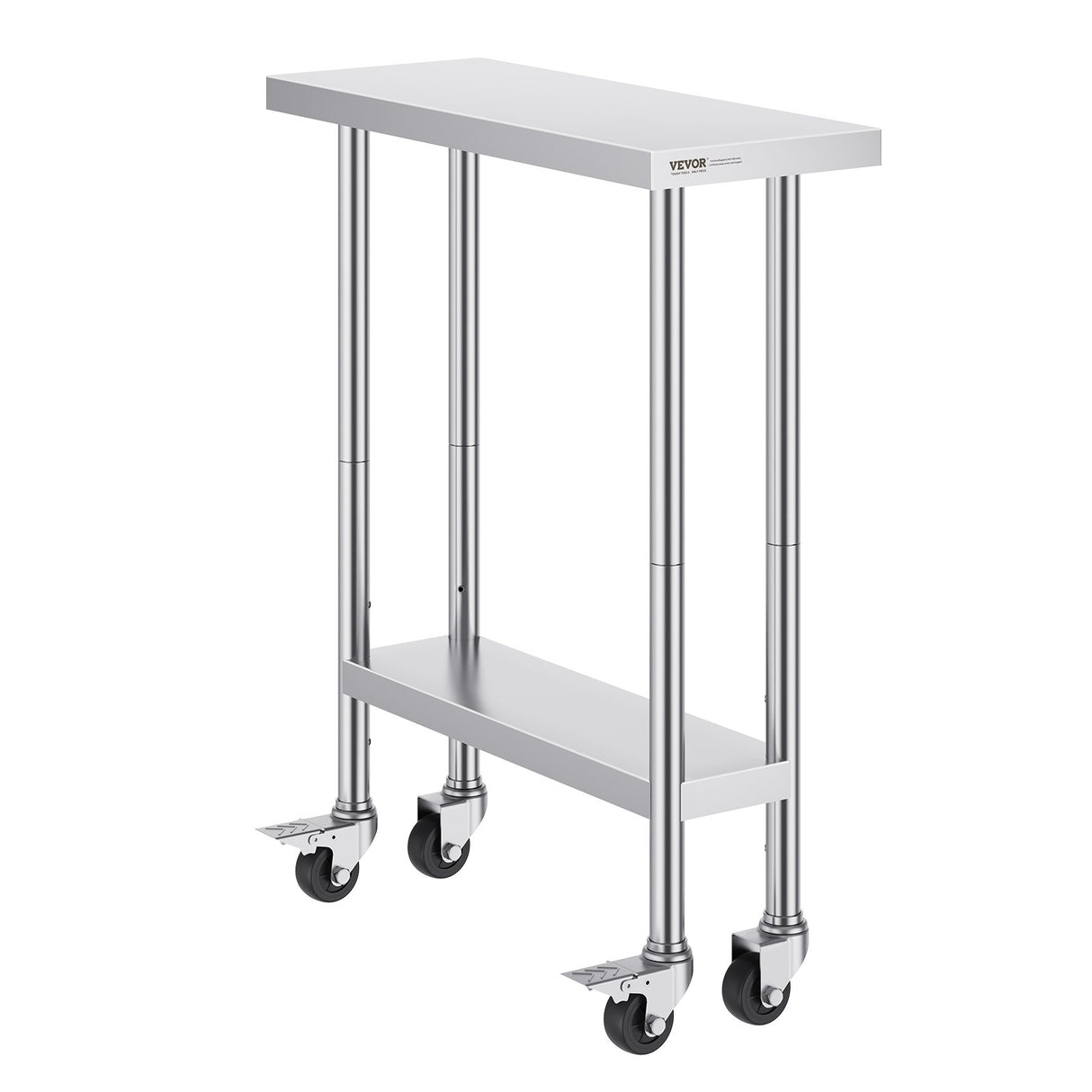 VEVOR Stainless Steel Work Table 30 x 12 x 38 Inch, with 4 Wheels, 3 Adjustable Height Levels, Heavy Duty Food Prep Worktable for Commercial Kitchen