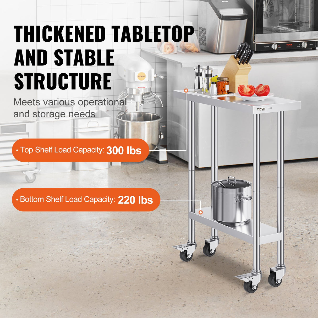 VEVOR Stainless Steel Work Table 30 x 12 x 38 Inch, with 4 Wheels, 3 Adjustable Height Levels, Heavy Duty Food Prep Worktable for Commercial Kitchen