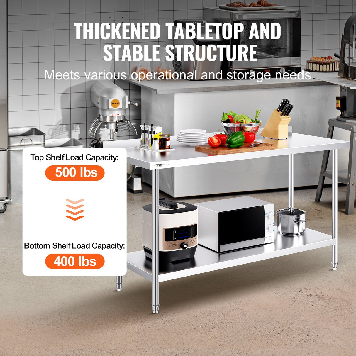 VEVOR 24 x 60 x 36 Inch Stainless Steel Work Table, Commercial Food Prep Worktable Heavy Duty Prep Worktable, Metal Work Table with Adjustable Height