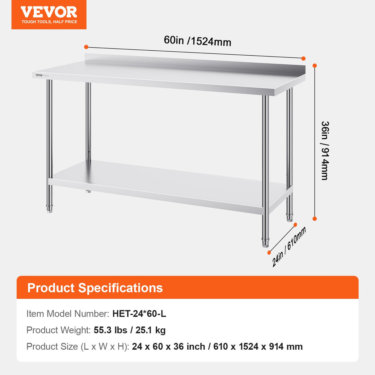 VEVOR 24 x 60 x 36 Inch Stainless Steel Work Table, Commercial Food Prep Worktable Heavy Duty Prep Worktable, Metal Work Table with Adjustable Height