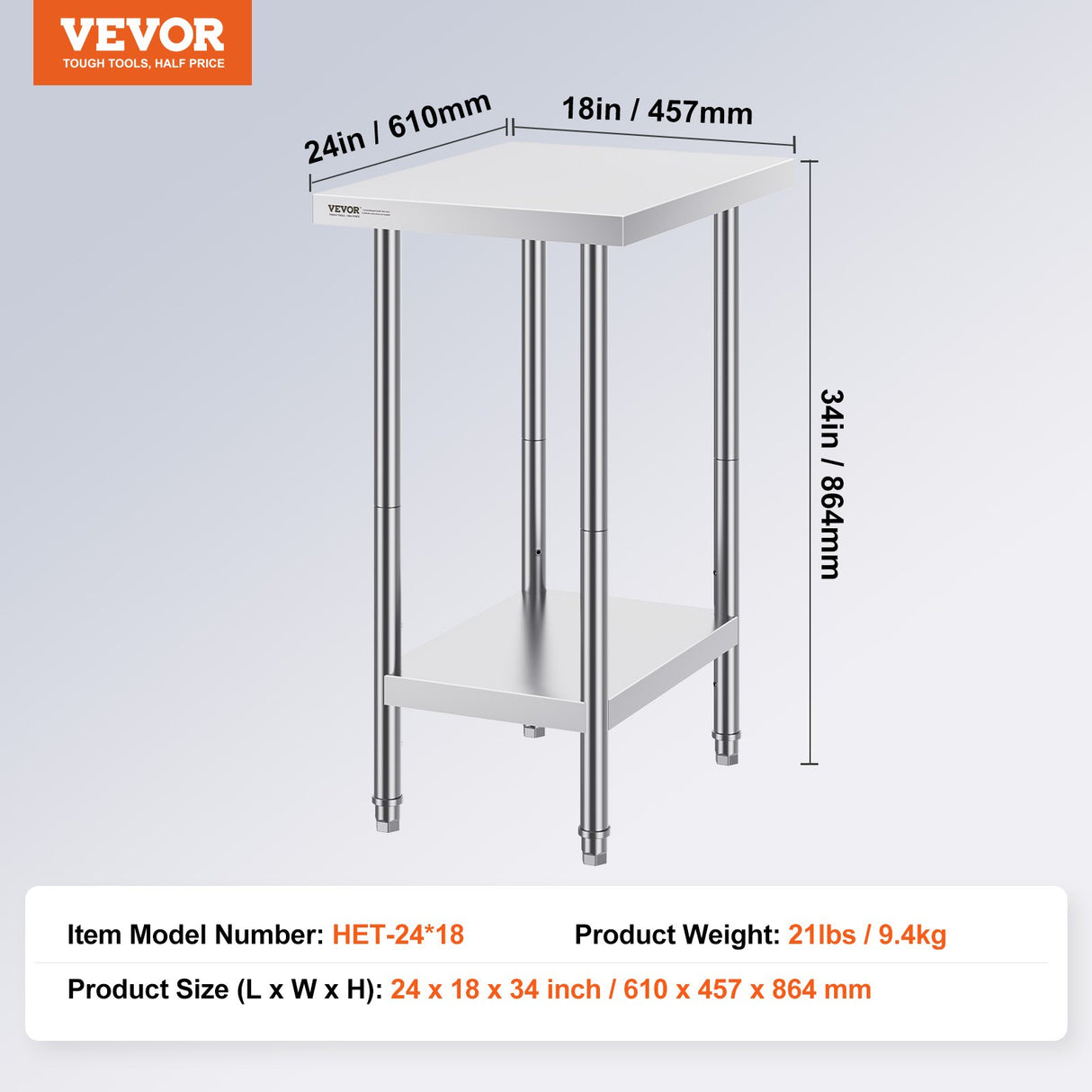 VEVOR Stainless Steel Prep Table, 24 x 18 x 34 Inch, Heavy Duty Metal Worktable with 3 Adjustable Height Levels, Commercial Workstation for Kitchen