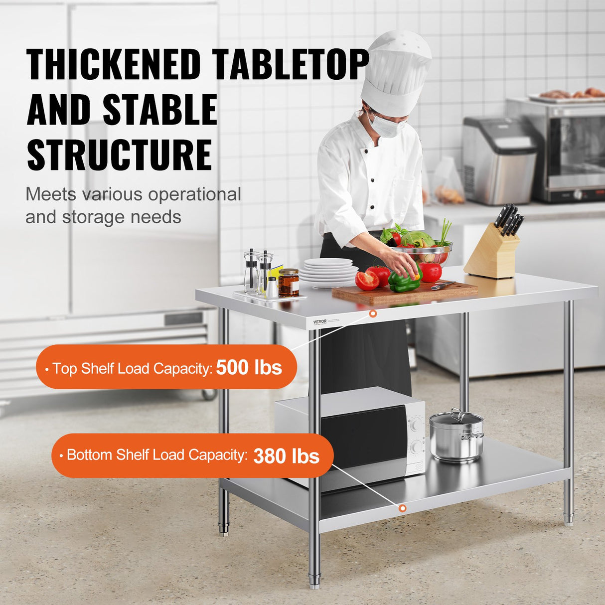VEVOR Stainless Steel Prep Table, 30 x 48 x 34 Inch, Heavy Duty Metal Worktable with 3 Adjustable Height Levels, Commercial Workstation for Kitchen