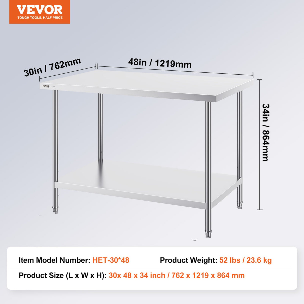 VEVOR Stainless Steel Prep Table, 30 x 48 x 34 Inch, Heavy Duty Metal Worktable with 3 Adjustable Height Levels, Commercial Workstation for Kitchen Garage Restaurant Backyard