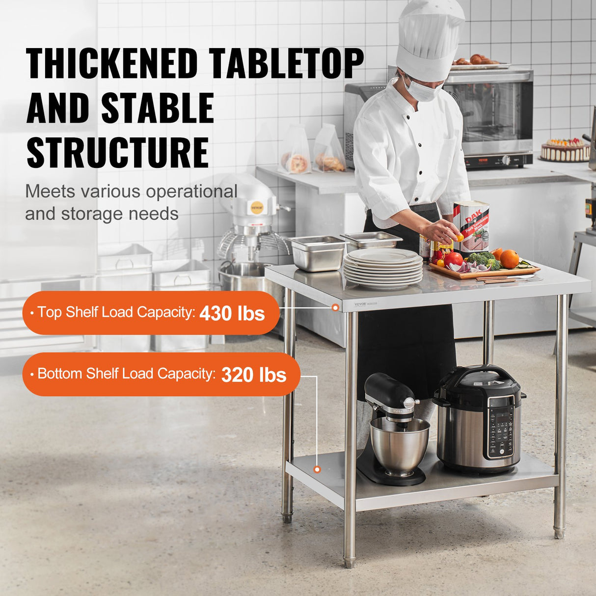 VEVOR Stainless Steel Prep Table, 24 x 36 x 34 Inch, Heavy Duty Metal Worktable with 3 Adjustable Height Levels, Commercial Workstation for Kitchen