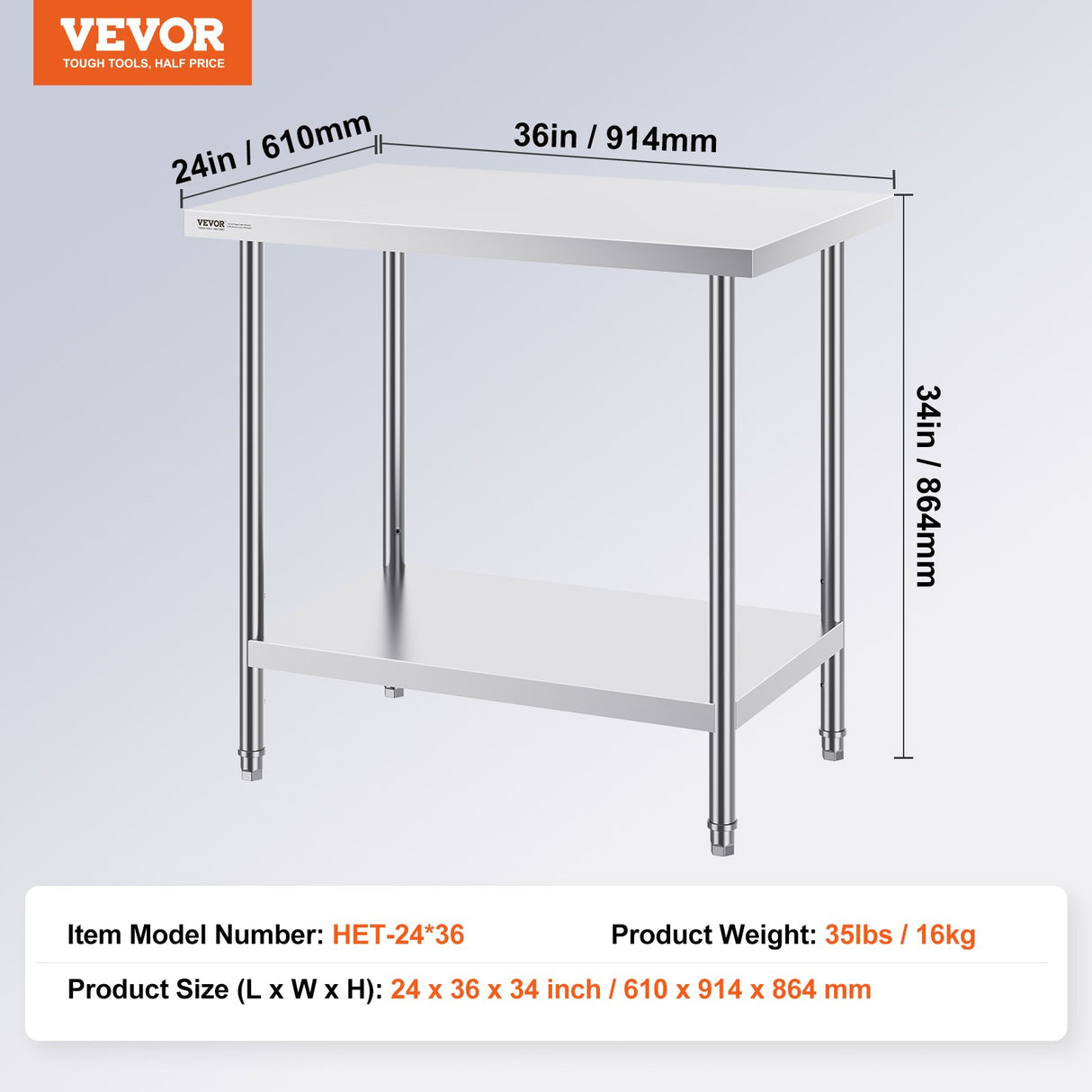 Stainless Steel Prep Table, 24 x 36 x 34 Inch, Heavy Duty Metal Worktable with 3 Adjustable Height Levels, Commercial Workstation for Kitchen Garage Restaurant Backyard