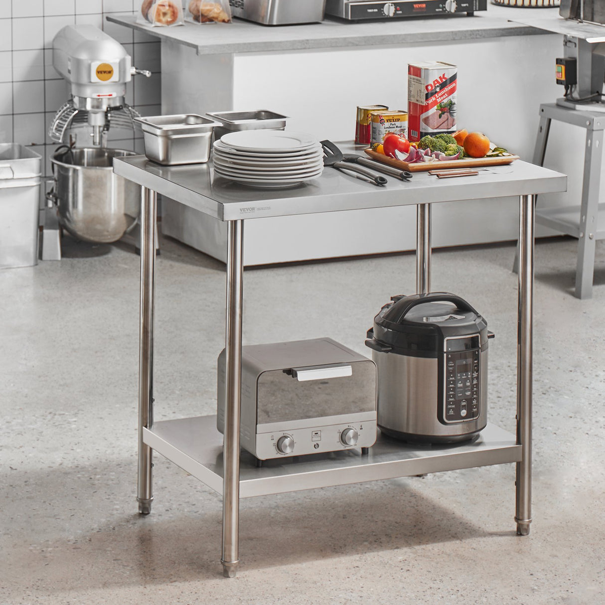 Stainless Steel Prep Table, 24 x 36 x 34 Inch, Heavy Duty Metal Worktable with 3 Adjustable Height Levels, Commercial Workstation for Kitchen Garage Restaurant Backyard