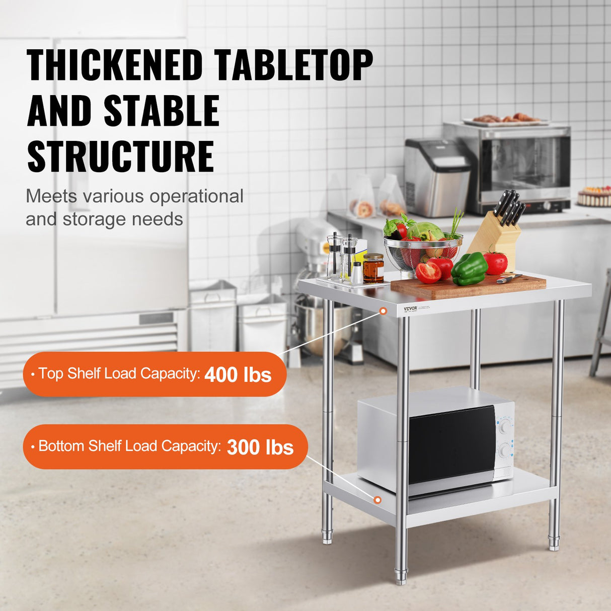 VEVOR Stainless Steel Prep Table, 24 x 30 x 34 Inch, Heavy Duty Metal Worktable with 3 Adjustable Height Levels, Commercial Workstation for Kitchen