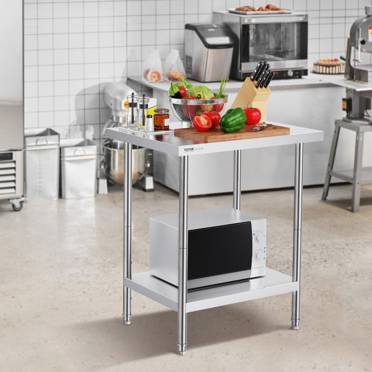 Stainless Steel Prep Table, 24 x 30 x 34 Inch, Heavy Duty Metal Worktable with 3 Adjustable Height Levels, Commercial Workstation for Kitchen Garage Restaurant Backyard
