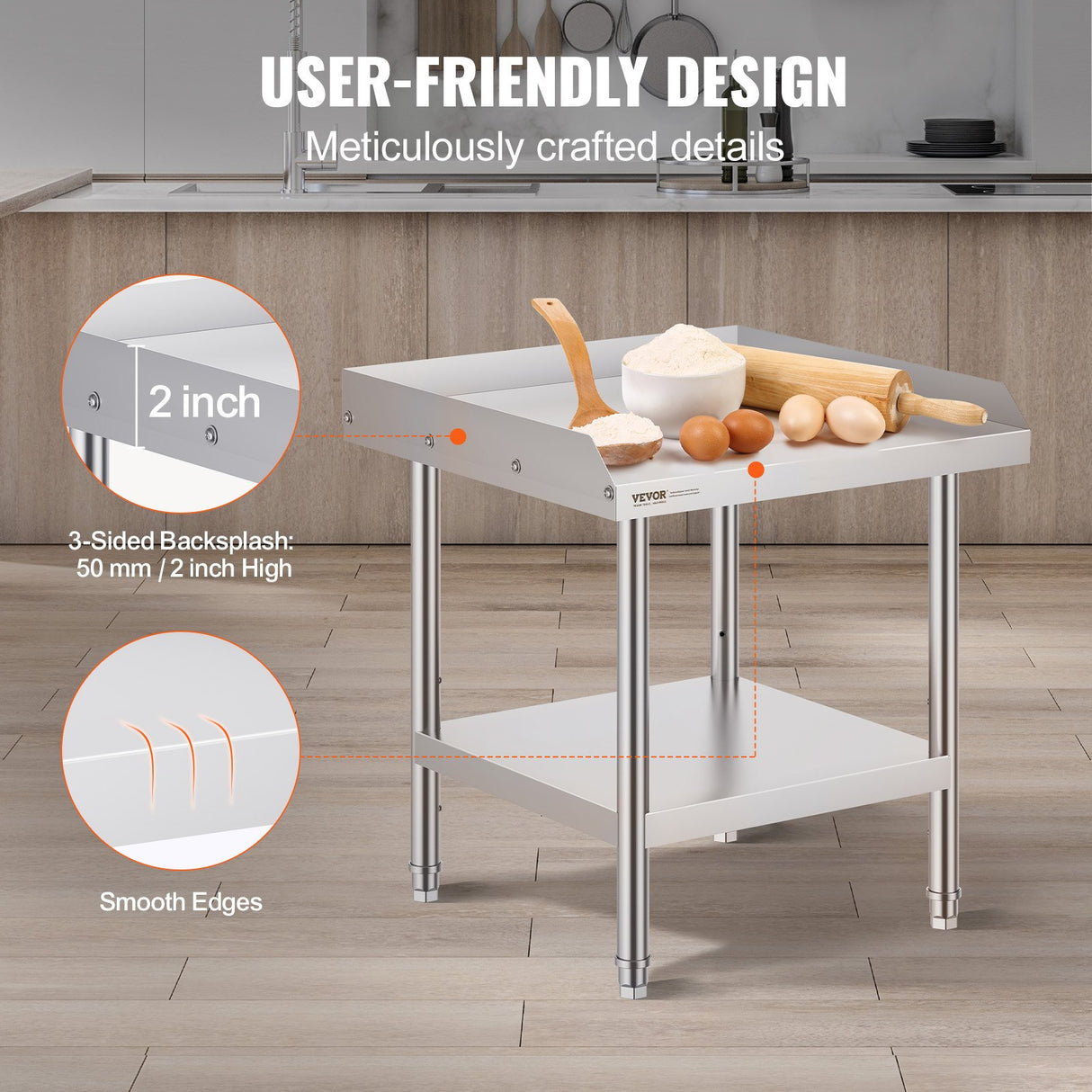 VEVOR Stainless Steel Work Table, 24 x 24 x 26 Inch Commercial Food Prep Worktable, 3-Sided Backspla