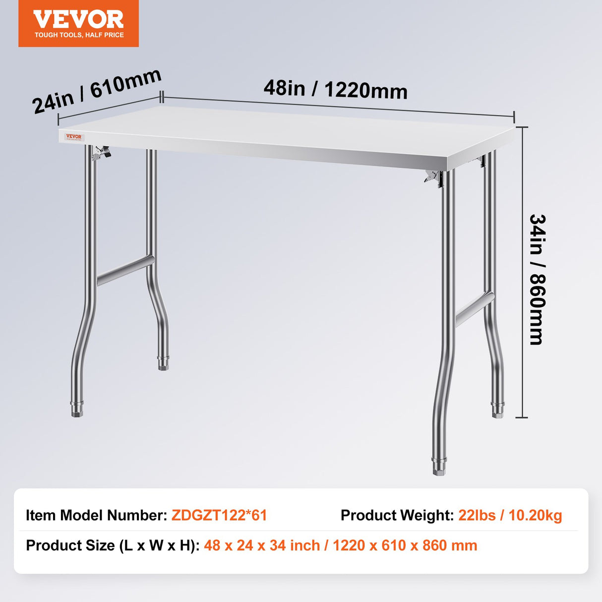 VEVOR Stainless Steel Kitchen Bench Folding Commercial Prep Table 1220x610 mm